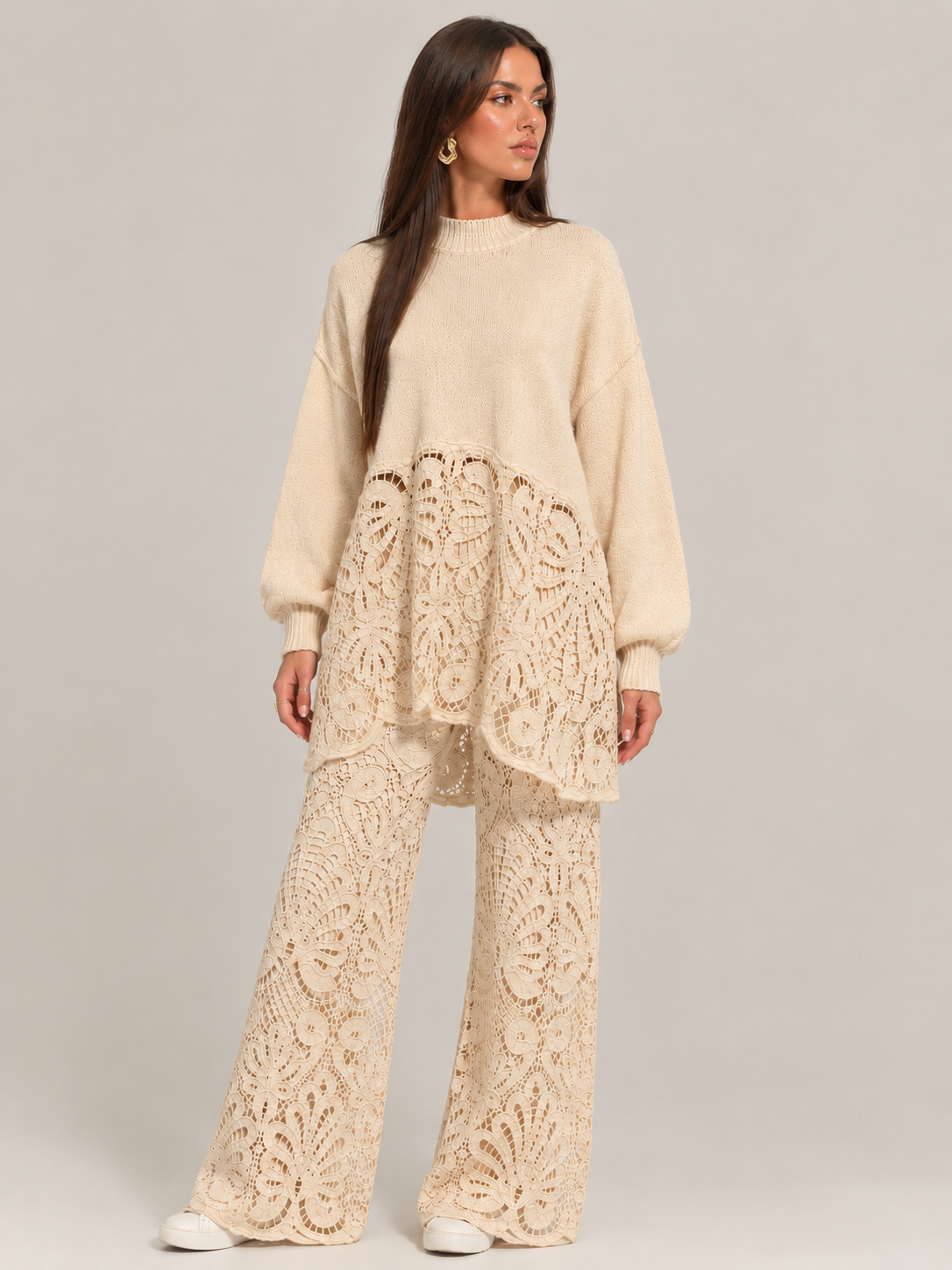 Retrato de moda en crochet beige