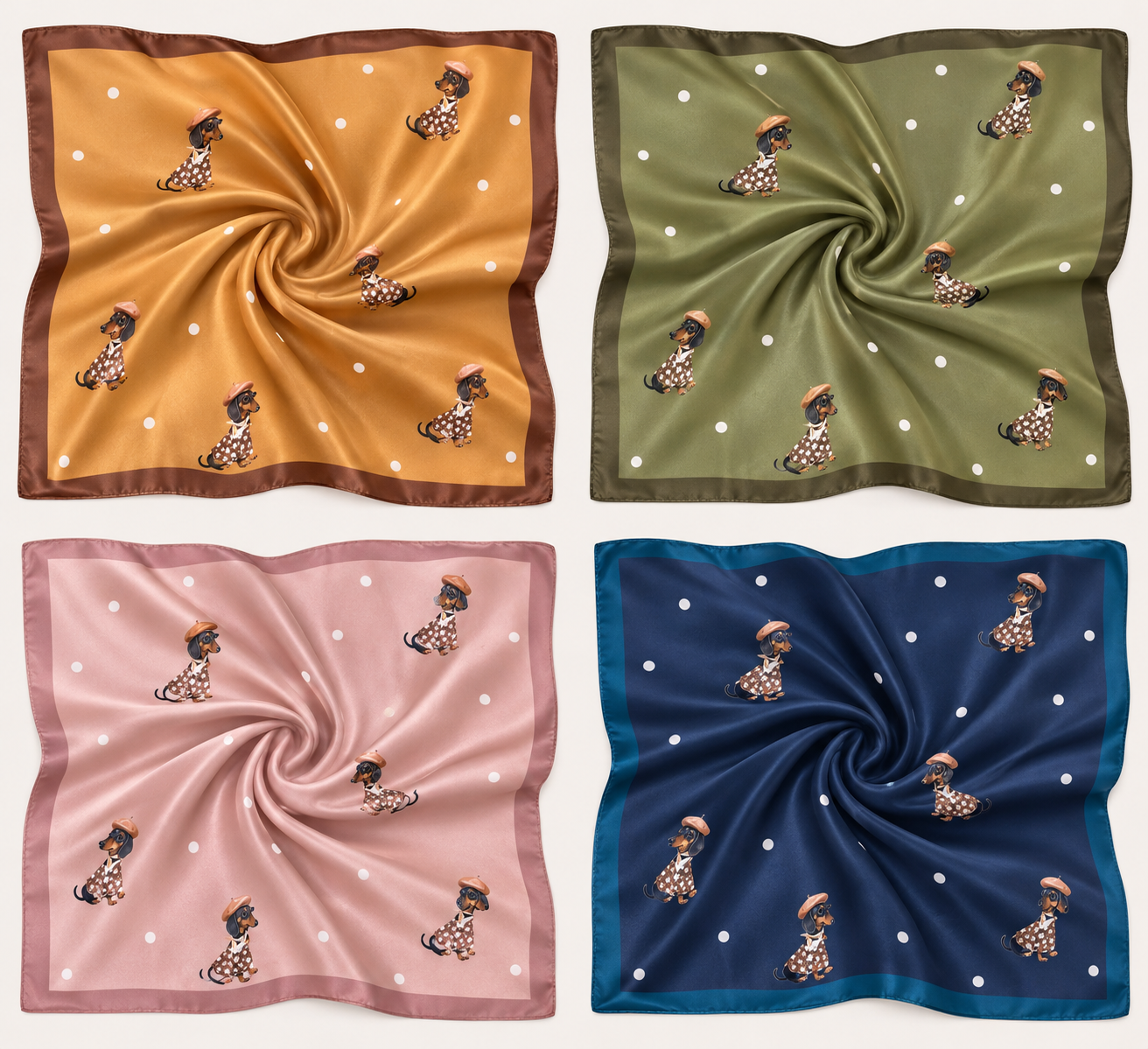 Cuatro pañuelos de seda con perritos vestidos